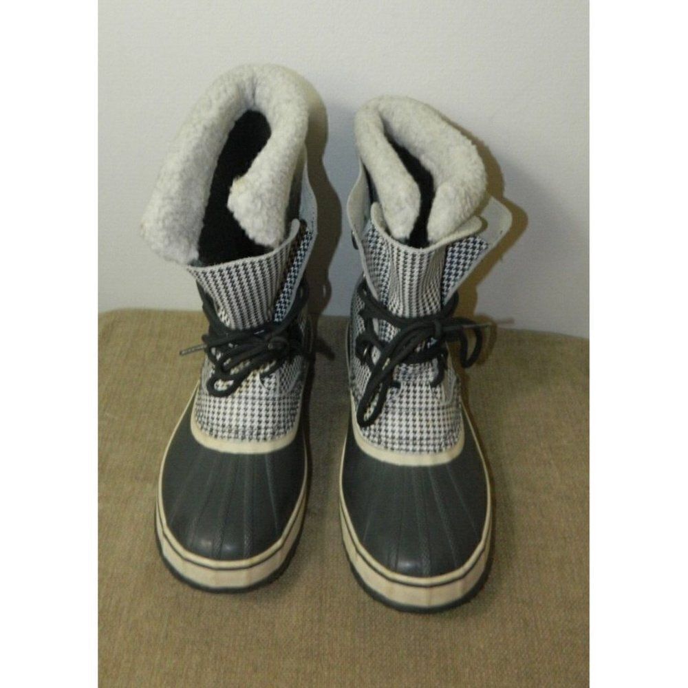 Sorel Tivoli High Snow Boots Black White Houndstooth Check Mid Calf Lined 10
